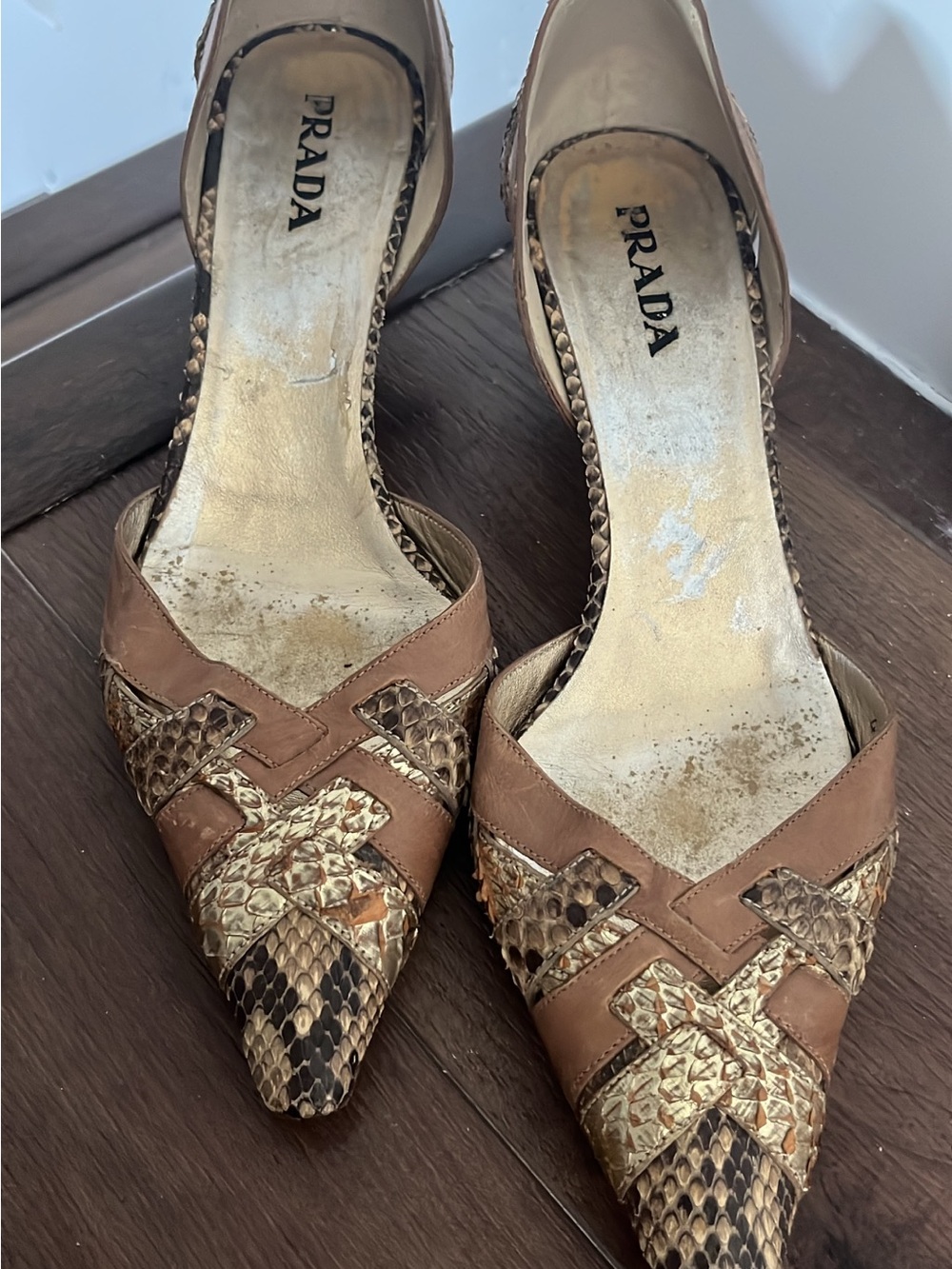 Prada Brown Leather & Snakeskin Pointed-Toe Pumps